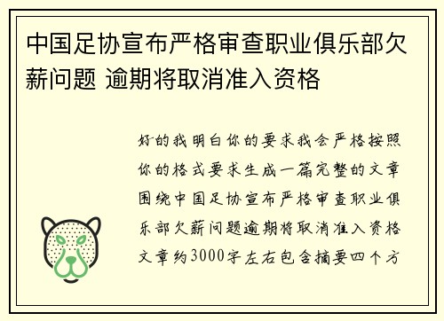 中国足协宣布严格审查职业俱乐部欠薪问题 逾期将取消准入资格